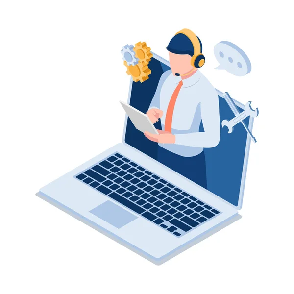 Flat Isometric Male Technical Support Operator Wearting Headset Laptop Screen — Stock Vector