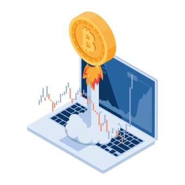 Düz 3D Isometric Bitcoin Roket Dizüstü bilgisayardan uçuyor. Bitcoin ve Kripto Para Biriminin Yüksek Büyüme Değeri.