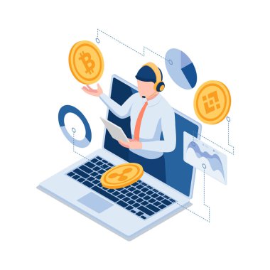 Flat 3d Isometric Çevrimiçi Yatırım Uzmanları Bitcoin ve Diğer Kripto Para Birimini Açıklıyor. Mali Yatırım Uzmanı ve Kripto Para Birimi Konsepti.