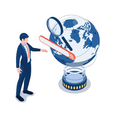 Flat 3D Isometric İşadamı Dünya Üzerinde Arama Çubuğuna Dokunuyor. Arama Motoru Optimizasyon Konsepti.