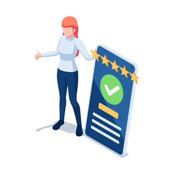 Flat Isometric Woman Customer Writing Comment Giving Five Star Feedback — Stock Vector