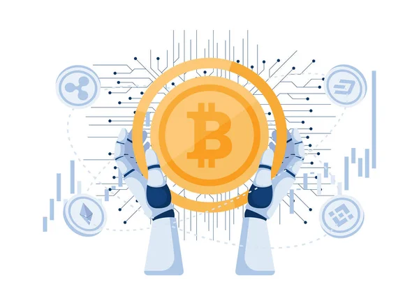 Robot Hand Holding Bitcoin Další Kryptoměna Cryptocurrency Trading Bot Digital — Stockový vektor
