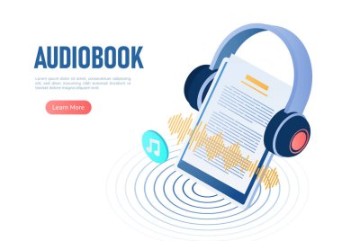 3d Isometric Web Banner Kulaklığı Dijital Tablet Üzerinde Dijital Ses Kitabı Ses Dalgası Monitörde. Audiobooks konsepti.