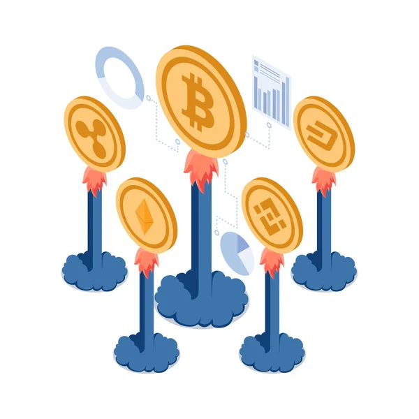 Plat Isometric Cryptocurrency Alt Coin Grandir Suivez Bitcoin Crypto Monnaie — Image vectorielle