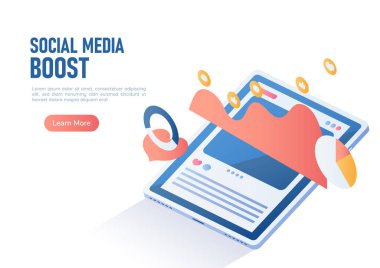 3d Isometric Web Banner Dijital Tableti ile Sosyal Medya Destekleme Post Reklam Grafiği. Dijital Pazarlama ve Sosyal Medya Stratejisi.