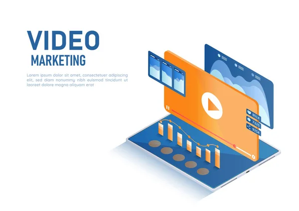 Isometric Web Banner Video Play Button Data Analysis Tablet 비디오 — 스톡 벡터