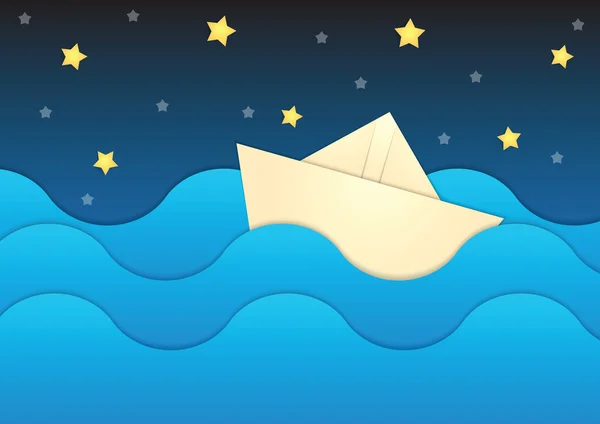 Паперовий човен на паперовому фоні моря та нічного неба — стоковий вектор