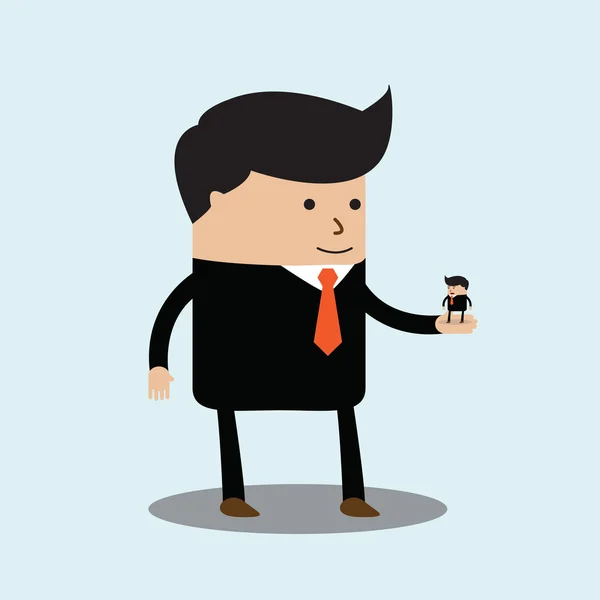 Big businessman has little businessmen in the palm of his hand — Stock Vector