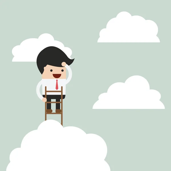 Businessman climbing up a ladder to above the clouds and looking — Stock Vector