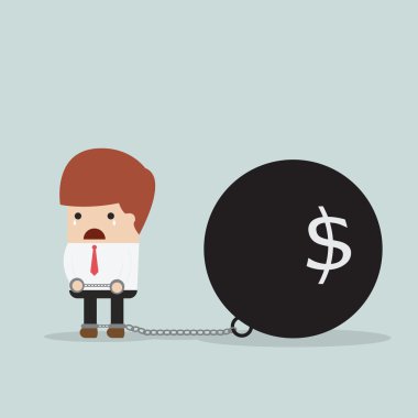 Businessman locked in a debt ball and chain, Debt concept clipart