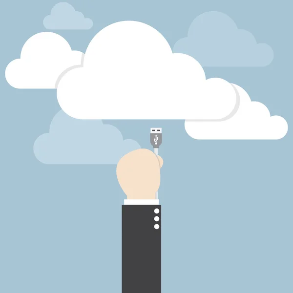 Businessman hand connecting cable to the cloud, Cloud computing — Stock Vector