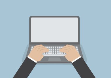 İşadamı el laptop klavye üzerinde boş ekran monitör ile