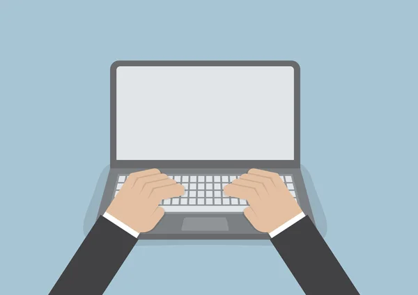 Empresario mano en teclado portátil con monitor de pantalla en blanco — Vector de stock