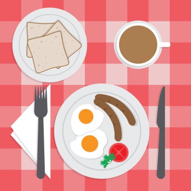 Amerikan kahvaltı masa, sahanda yumurta, sosis, ekmek,