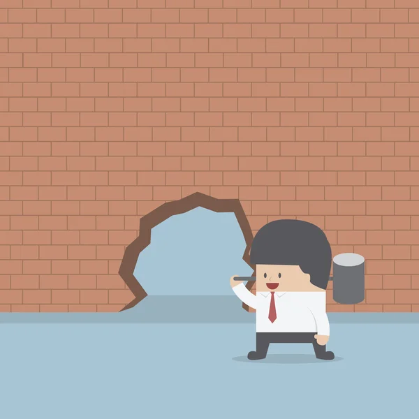 Businessman breaking the wall with hammer — Stock Vector