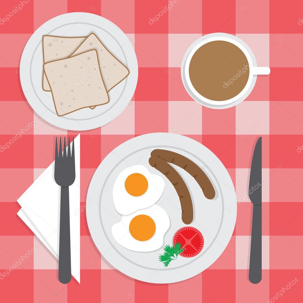 American breakfast set on the table, Fried egg, Sausages, Bread,