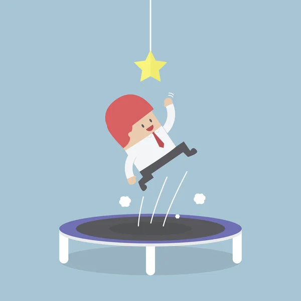 Biznesmen próbuje złapać gwiazdę skacząc na trampolinie — Wektor stockowy