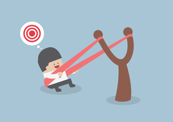 Бизнесмен в рогатке готов к запуску на цель
