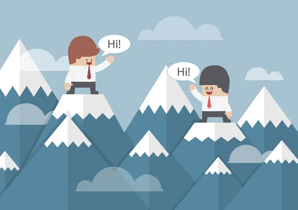 Två affärsmän står på toppen av berg — Stock vektor