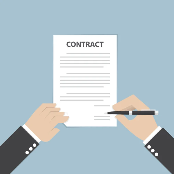 Biznesmen ręka trzyma długopis i podpisanie umowy handlowej — Wektor stockowy