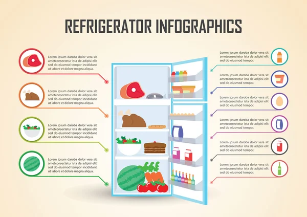 Ψυγείο με στοιχεία Infographic εικονίδια των τροφίμων — Διανυσματικό Αρχείο