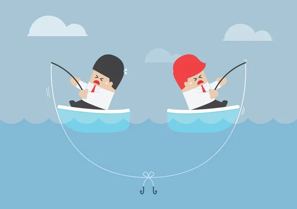 Businessman and his rival having trouble with fishing rod — Stock Vector