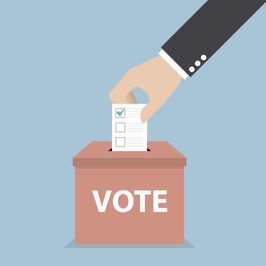 Businessman hand putting voting paper in the ballot box, Voting  clipart
