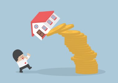 Businessman and falling house and coins