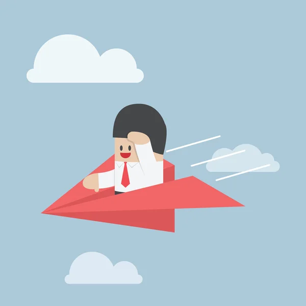 Businessman is flying on paper airplane and looking forward — Stockvector