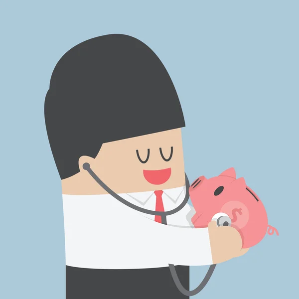 Geschäftsmann benutzt Stethoskop, um Gesundheit von Sparschwein zu überprüfen — Stockvektor