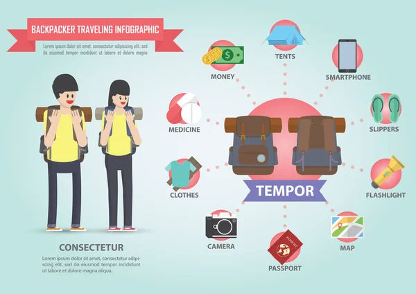 Desain infografis perjalanan dengan set ikon backpacker - Stok Vektor