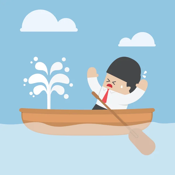 Panic businessman with leaking boat — Stock Vector