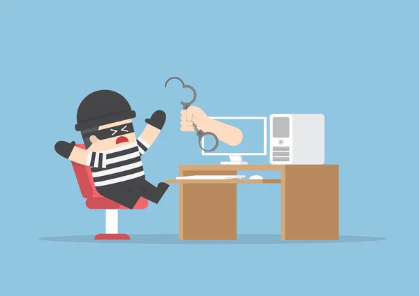 Hand out from monitor to catch hacker — Stock Vector