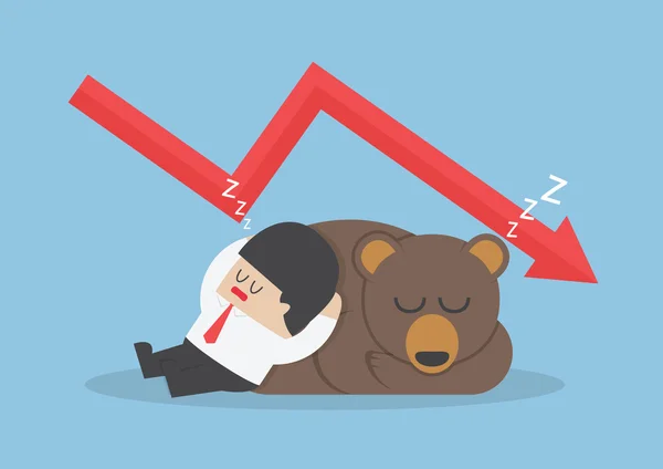 Бізнесмен спить з ведмедем з графом тенденції вниз — стоковий вектор