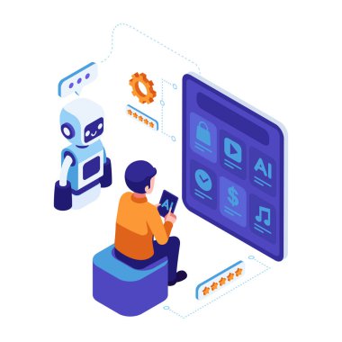 Isometric AI Robot Giving Personalized Recommendations to User. Ai Artificial Intelligence Personalized Recommendation