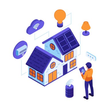 Isometric Smart Home Otomasyon Sistemi ve Smartphone tarafından kontrol edilen IoT Aygıtları. Ai Smart Ev Kavramı