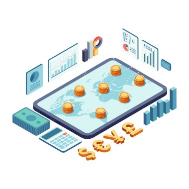 Isometric Global Currency Exchange and Financial Data Analysis. Global Currency Exchange and Finance Concept