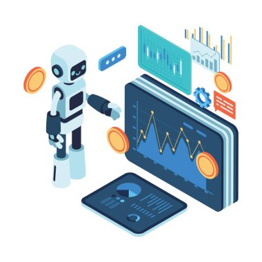 Isometric AI Robot Analizi Finansal Veri ve Kripto Para Birimi Çizelgeleri. Finansal Danışmanlık Ajansı