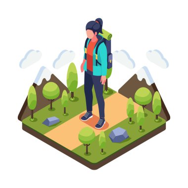 Isometric Solo Gezgin Yürüyüşü Doğa Yolu 'nda sırt çantasıyla. Seyahat Yaşam Tarzı Konsepti