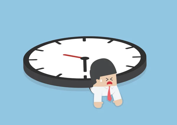 Hombre de negocios bajo el gran reloj, fecha límite, concepto de horas extras — Vector de stock