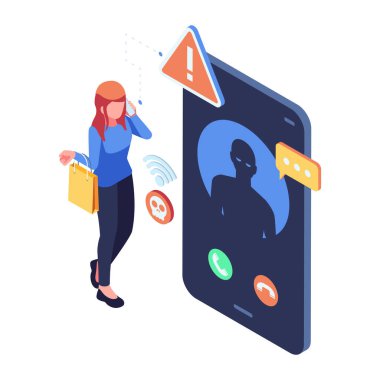 Isometric Woman Smartphone 'da Tehlike Alarmlı Dolandırıcılık İhbarı alıyor. Dümen Telefon Çağrısı Konsepti