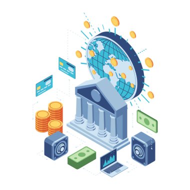 Para transferi ve Dijital Finans Teknolojisi ile Isometric Global Banking. Küresel Bankacılık ve Finans Teknolojisi Konsepti