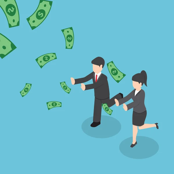 Isometrische Geschäftsfrau und Geschäftsfrau jagt fallenden Dollar m — Stockvektor