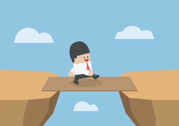 Businessman cross the cliff gap by wooden board as a bridge — Stock Vector