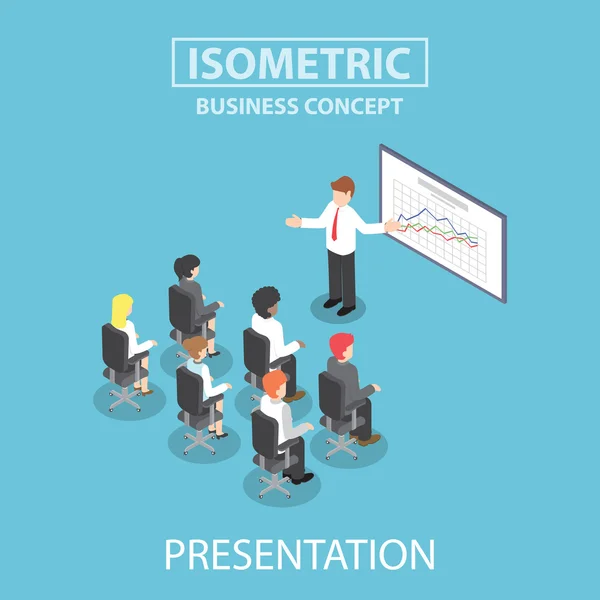 Hombre de negocios isométrico dando una presentación en una reunión de conferencia — Vector de stock