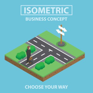 İzometrik işadamı kavşak önünde duran
