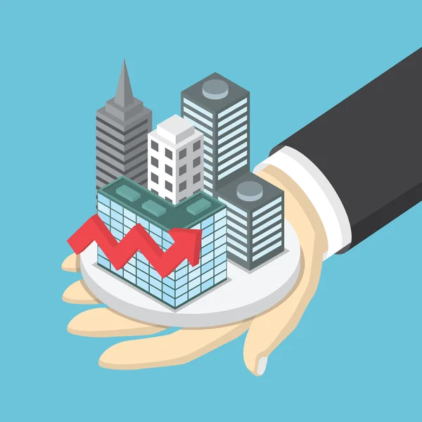 Empresário isométrico segurando a cidade com gráfico de crescimento — Vetor de Stock
