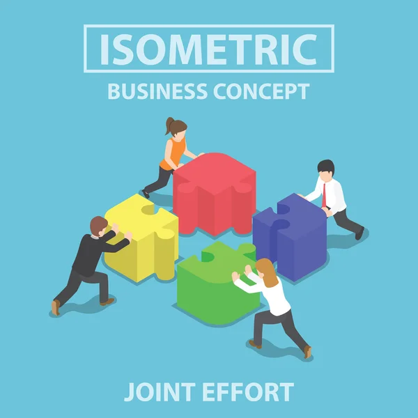 Isometrische zakenmensen duwen en montage van vier jigsaw puz — Stockvector