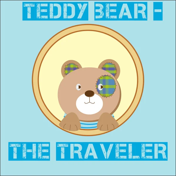 Carino orsacchiotto marrone - il viaggiatore sullo sfondo — Vettoriale Stock