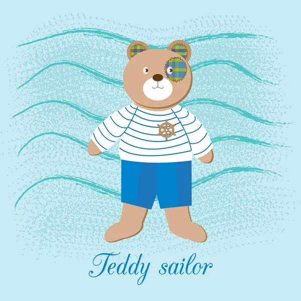 Carino orsacchiotto ragazzo marinaio, sullo sfondo delle onde del mare — Vettoriale Stock